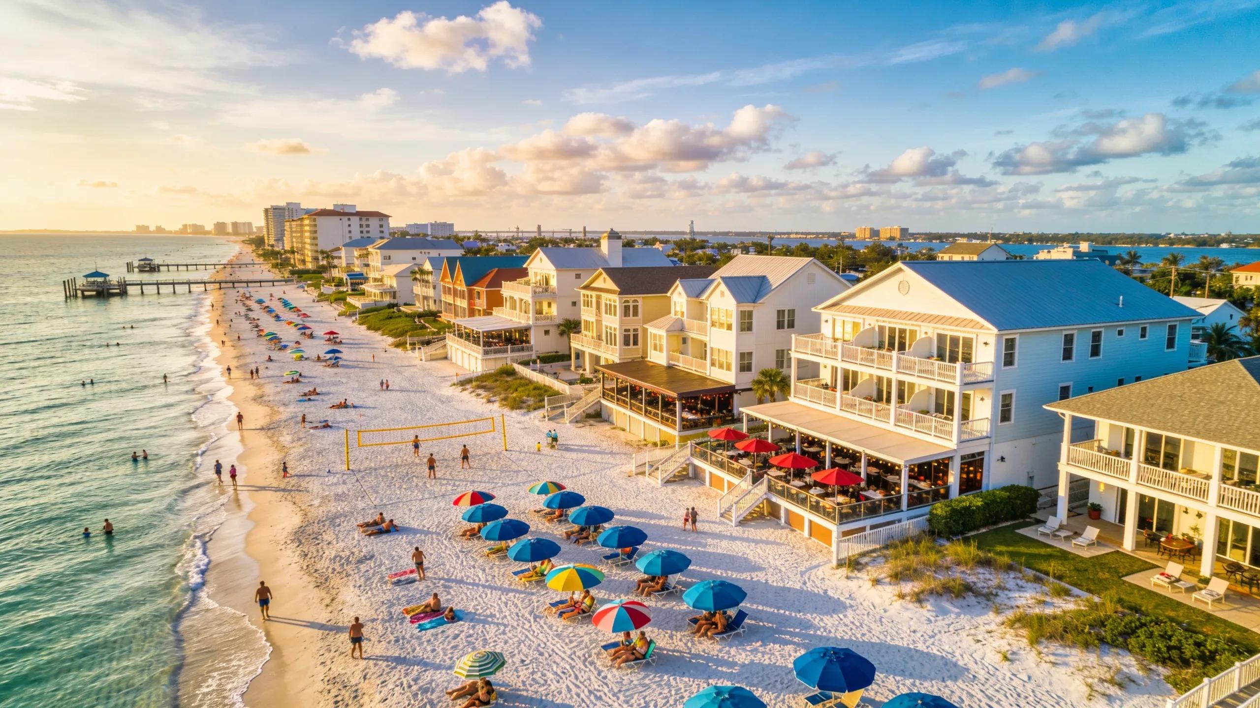 Aerial view of Clearwater Beach highlighting luxury Gulf-front homes and beach activities