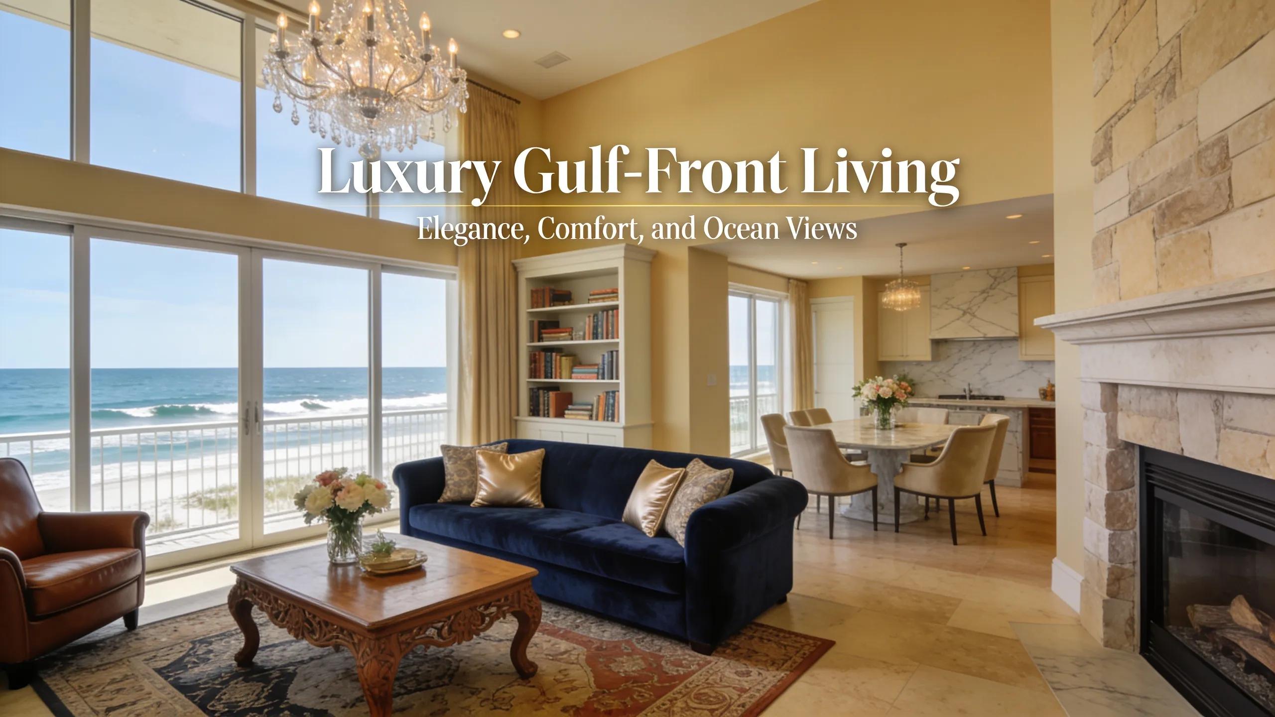 Interior view of a luxurious Gulf-front estate showcasing elegant furnishings and ocean view