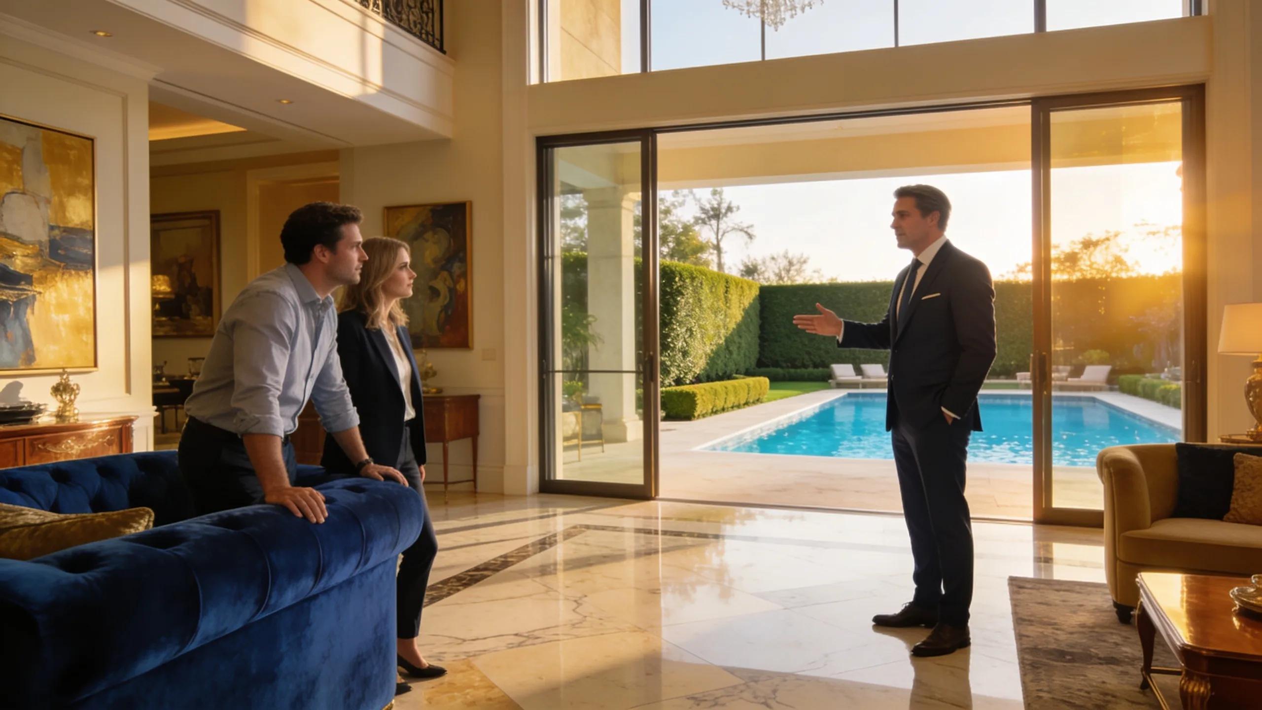 Luxury real estate agent showcasing a high-end property with a pool and elegant landscaping