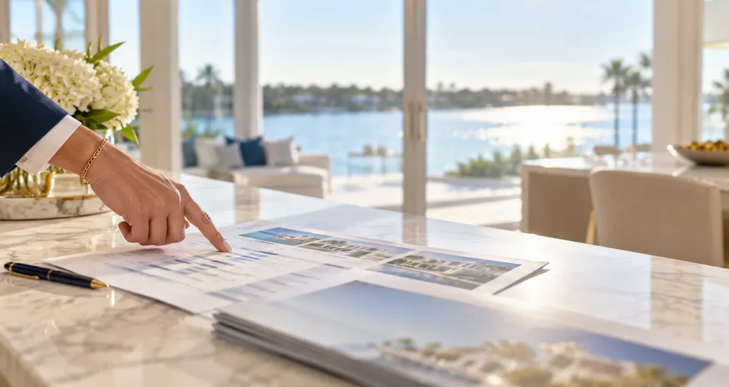 Broker's hand pointing to a printed comparison sheet with blurred figures on a marble kitchen island