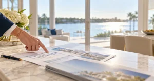Broker's hand pointing to a printed comparison sheet with blurred figures on a marble kitchen island